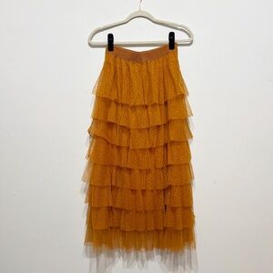 Anthropologie Tiered Tulle Mesh Mini Polka Dot Pull On Midi Skirt Orange XS
